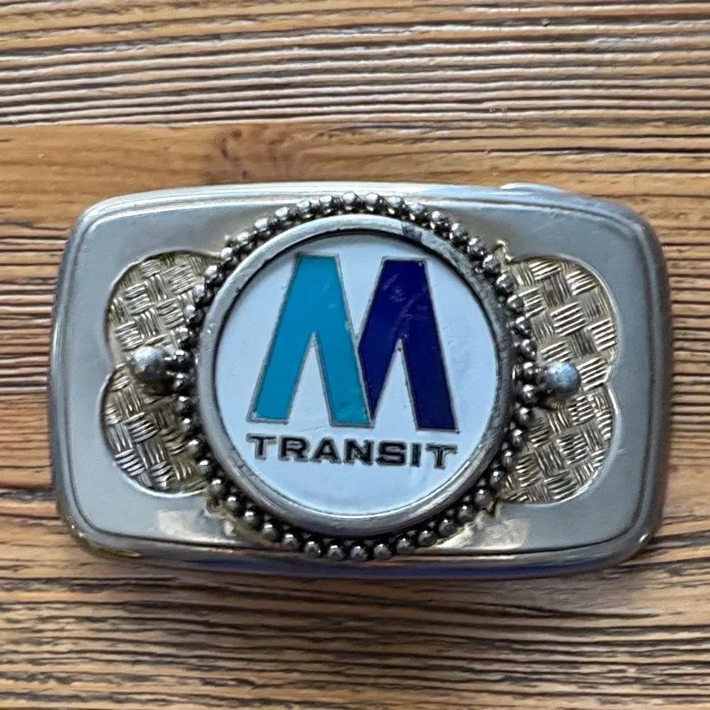 Vintage M Transit Logo Silver and Blue Belt Buckle